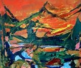 Red Mountains by Jane Burt, Painting, Oil on Board