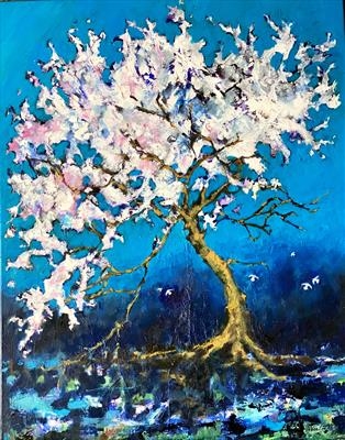 Almond Tree and Doves by Jane Burt, Painting, Oil on canvas