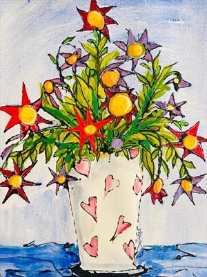 Flowers and Hearts. by Jane Burt, Painting, Mixed Media on paper