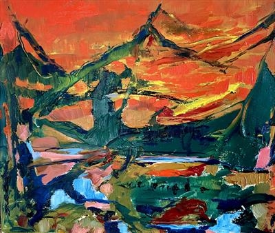 Red Mountains by Jane Burt, Painting, Oil on Board